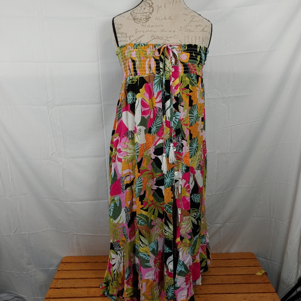 RACHEL Rachel Roy Strapless Floral Multicolor Button Front Light Dress Sz Small